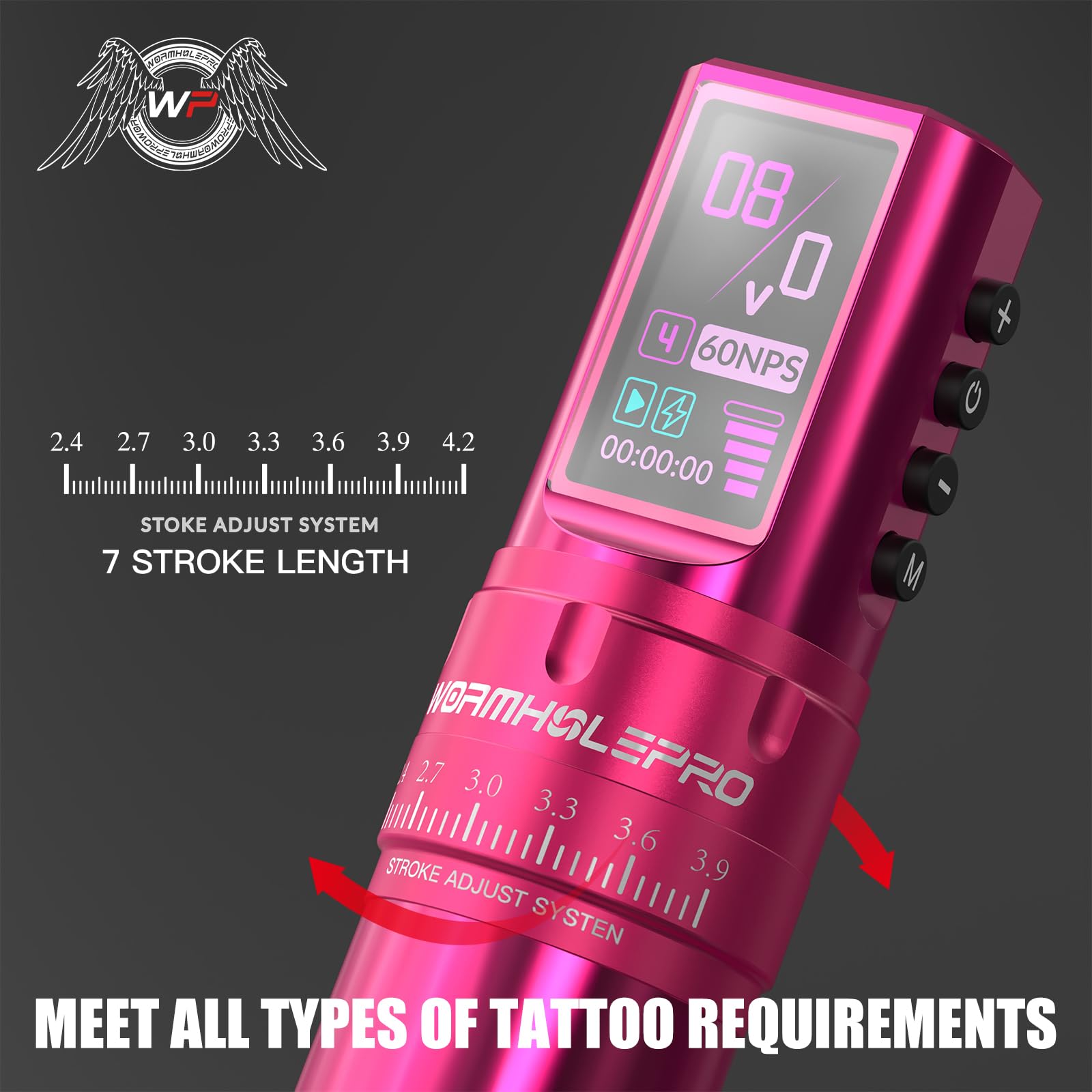 WORMHOLE PRO 80PCS Tattoo Gun Kit with 7 Adjustable Strokes, 1,800 mAh Capacity Replacement Power Supply, Digital LED Display, 20Pcs Tattoo Needles for Artists VIRGO - Pink