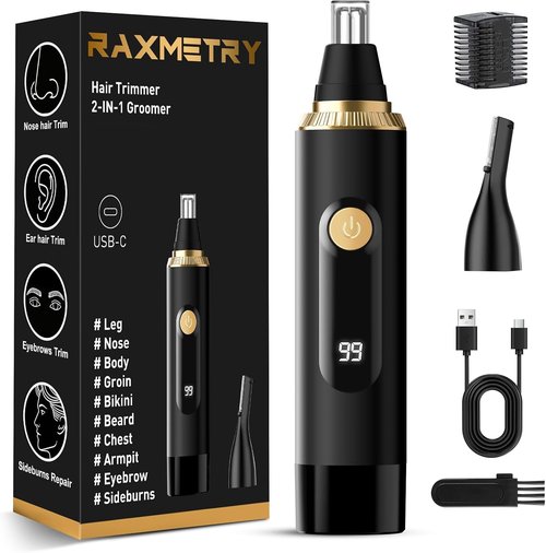 Skiennix Nose Hair Trimmer - Professional Painless IPX7 Waterproof Facial Hair Trimmer | USB Rechargeable, LED Display, Black