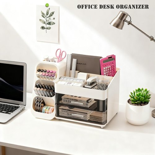 ShinyDew Makeup Organizer with Brush Holder for Vanity, Spacious Cosmetic Display Case with 2 Drawers, The Perfect Bathroom Vanity Organizer for Beauty Essentials, Skincare, Lipsticks