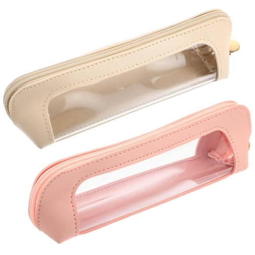 Kifmurase 2Pcs Clear Makeup Brush Bag, Leather Slim Makeup Case, Portable Transparent Waterproof Cosmetic Pouch with Zipper, Double Sided Clear Bag for Women Travel Storage (White, Pink)