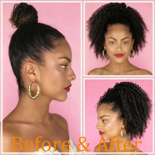 VADES Black Ponytail Extension Human Hair Drawstring Ponytail for Black Women Kinky Curly Short Afro Puff Hair Ponytail 100% Brazilian Virgin Hair #1 Jet Black 8 inch With 3 Stable Combs