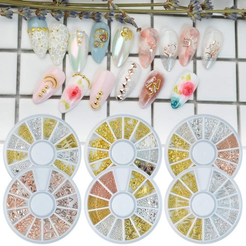 QIMYAR Nail Studs 3D Nail Charms Decals for Women,6 Box Metal Mixed Shaped Nails Art Rhinestones Jewelry Caviar Beads Decorations With Tweezers Supply Kit Gold Silver Rose Gold