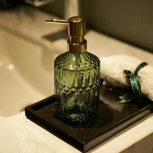 Osfvn Glass Soap Dispenser Green Bottle Gold Plastic Pump Refillable Kitchen Sink Countertop Hand Dish Dispensers