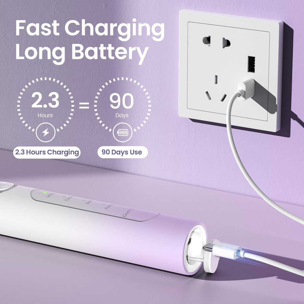 YUNCHI Electric Toothbrush Birthday/Valentine Plastic 8 Heads 24-Mo Deep Cleans Gentle Gums Removes Stains 3Hr USB-C 90d 2-Min Timer/30s IPX7 - Purple