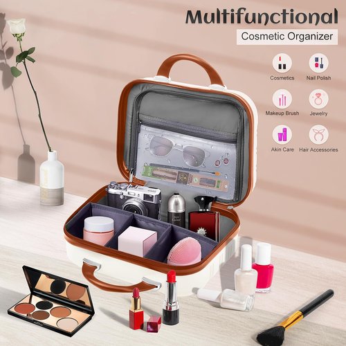 JZRTravel 14 inch Hard Shell Makeup Train Case Portable PC ABS Mini Suitcase for Organizer Cosmetics Makeup Brushes Toiletry Beige