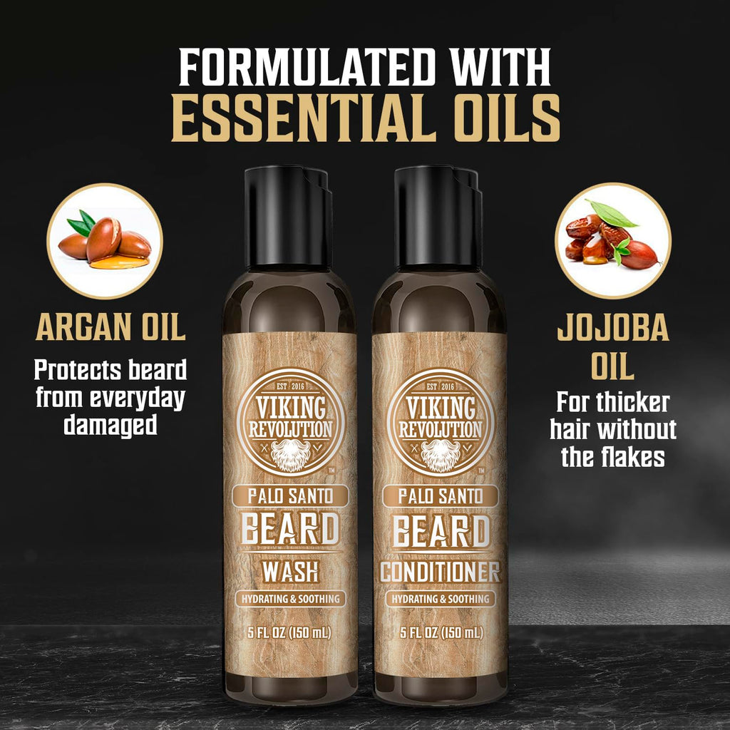 Viking Revolution Beard Wash and Beard Conditioner for Men with Argan Oil and Jojoba Oil - Beard Softener and Strengthener Beard Care Beard Shampoo and Conditioner with Ginseng Root (5oz, Palo Santo)