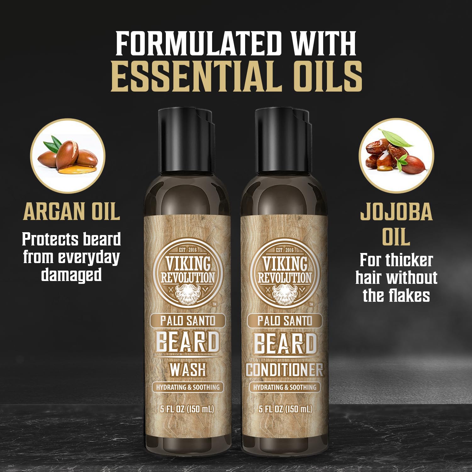 Viking Revolution Beard Wash and Beard Conditioner for Men with Argan Oil and Jojoba Oil - Beard Softener and Strengthener Beard Care Beard Shampoo and Conditioner with Ginseng Root (5oz, Palo Santo)