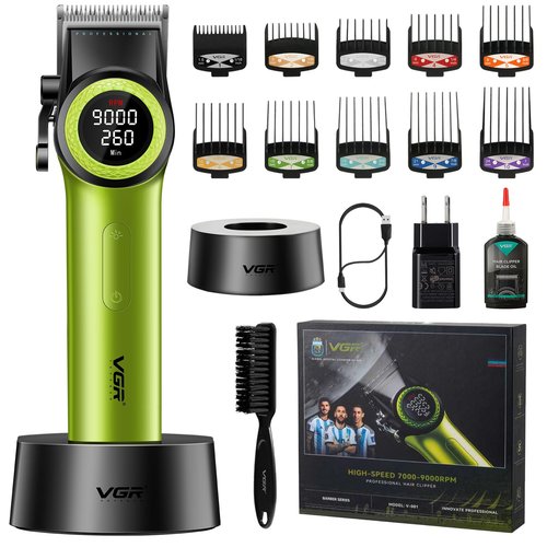 VGR 001 Professional Hair Clippers for Men, Cordless Barber Clippers for Hair Cutting, Carbon Steel Blade Hair Trimmers for Barbers, 9000RPM, LED Display, Green