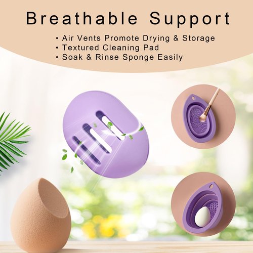 Silicone Makeup Brush Holder Set – Portable Travel Makeup Brush Holder with Makeup Sponge Holder and Foldable Cleaning Bowl – Upgraded 3-in-1 Cosmetic Organizer Set (purple)