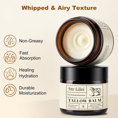 Beef Tallow for Skin, Grass-Fed Beef Tallow Balm, Beef Tallow Cream, Face & Body Moisturizer Restores Skin Barrier, Soothes Dry Sensitive Skin, Beef Tallow Honey Balm Whipped with Beeswax & Olive Oil