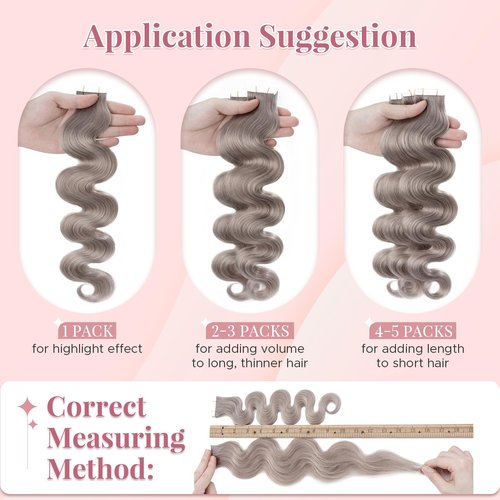 SEGOHAIR Wavy Tape In Hair Extensions Real Human Hair with Double-Sided Adhesive Professional Hair Extensions for Women 20pcs Body Wave 14 Inches Grey