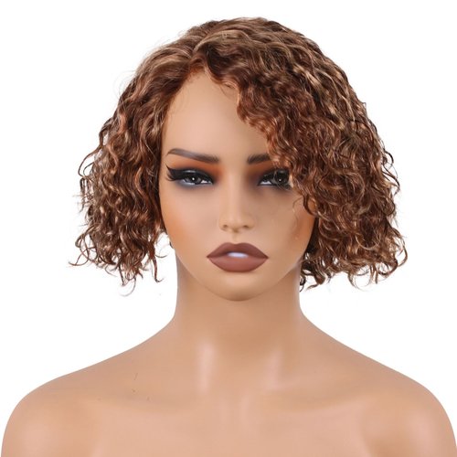 ManeMajesty Deep Curly Human Hair Wigs, Side Part Lace Front Pre Cut Lace, Wear and Go Glueless Wig 8 Inch Short Curly Bob Wigs for Women,100% Brazilian Human Hair,4/27/30 Brown Mixed Honey Blonde