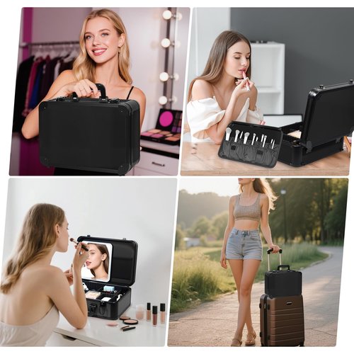 LivelyCove 15"x11" Makeup Case with Lighted Mirror & Brush Holder - Waterproof Travel Organizer, Customizable Storage, Rechargeable LED Vanity for Women (black)