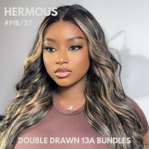 HERMOUS 13A Double Drawn FB/27 Human Hair Bundles Body Wave Blonde Highlight Color, Honey Blonde with Black Single Bundle Human Hair 100% Unprocessed Hair Colored Single Bundle Wavy Sew In 10 Inch