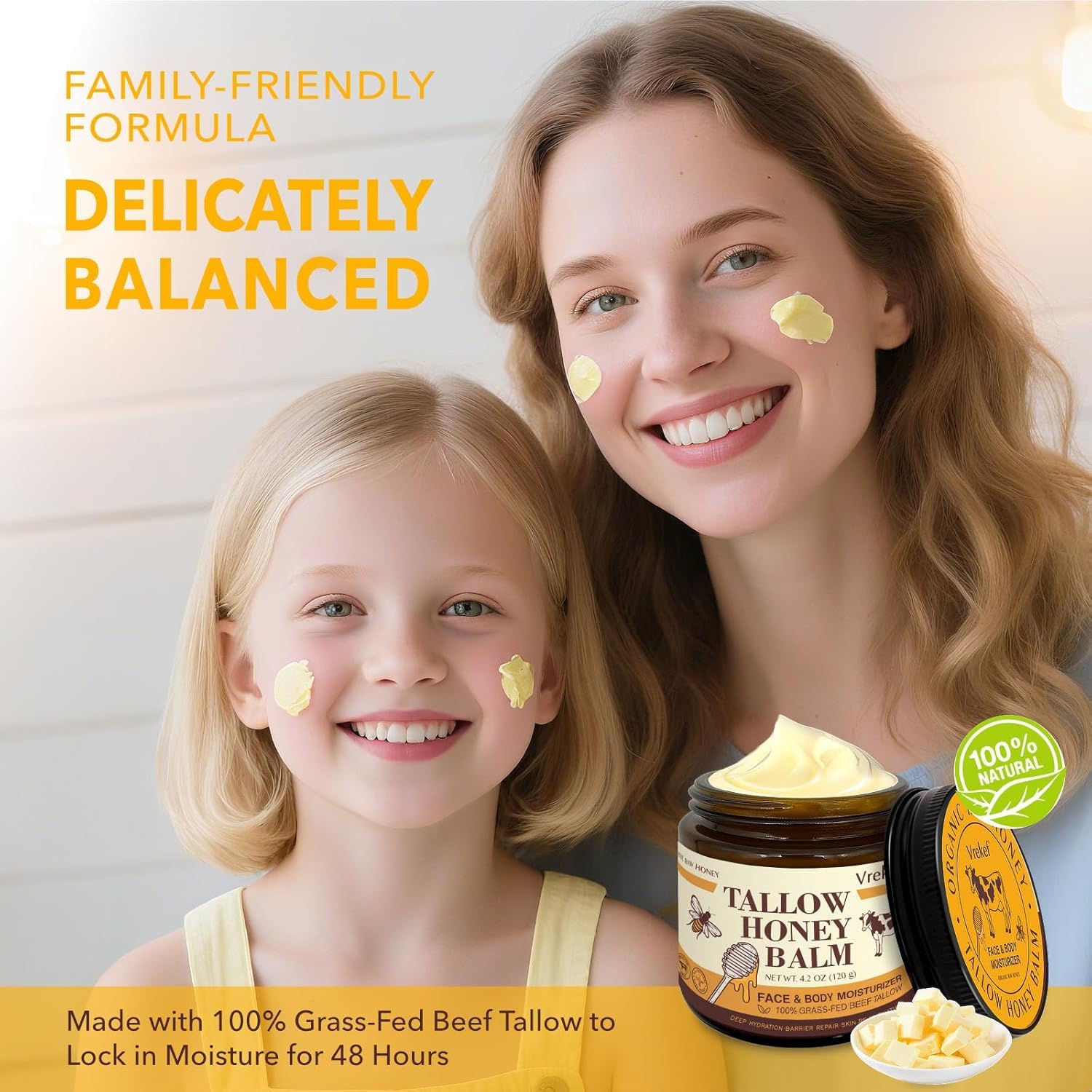 VREKEF Beef Tallow for Skin (4.2 oz)– Tallow and Honey Balm for Face & Body – Grass-Fed Tallow with Beeswax, Sea Buckthorn Oil, Shea Butter, Vitamin E – Natural Moisturizer