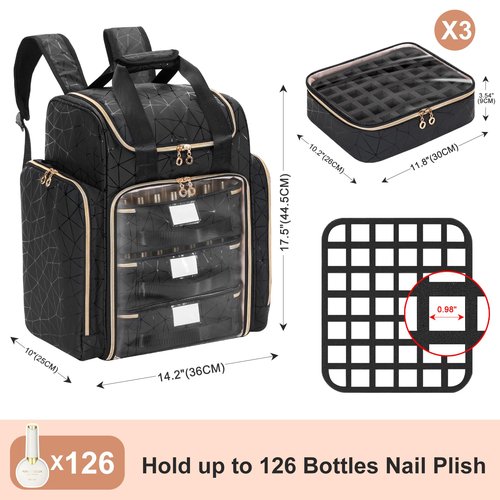 Uross Extra Large Nail Polish Organizer Bag Holds 126 Bottles Nail Polish, Lamp, Supplies- Three Layer Nail Organizers and Storage Case for Nail Tech, Nail Stuff Gel Kit Box Gift for Manicurist,Black