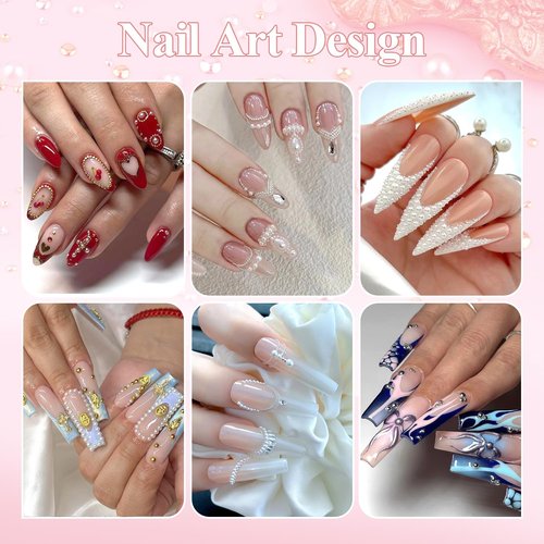 7500Pcs 3D Nail Charms, Gold & Silver Tiny Round Metal Nail Art Gems and Flatback White & Beige Pearl Nail Beads, Manicure Decor Accessories with Tweezers, Pick-up Pencil and 15ml Rhinestones Gel Glue