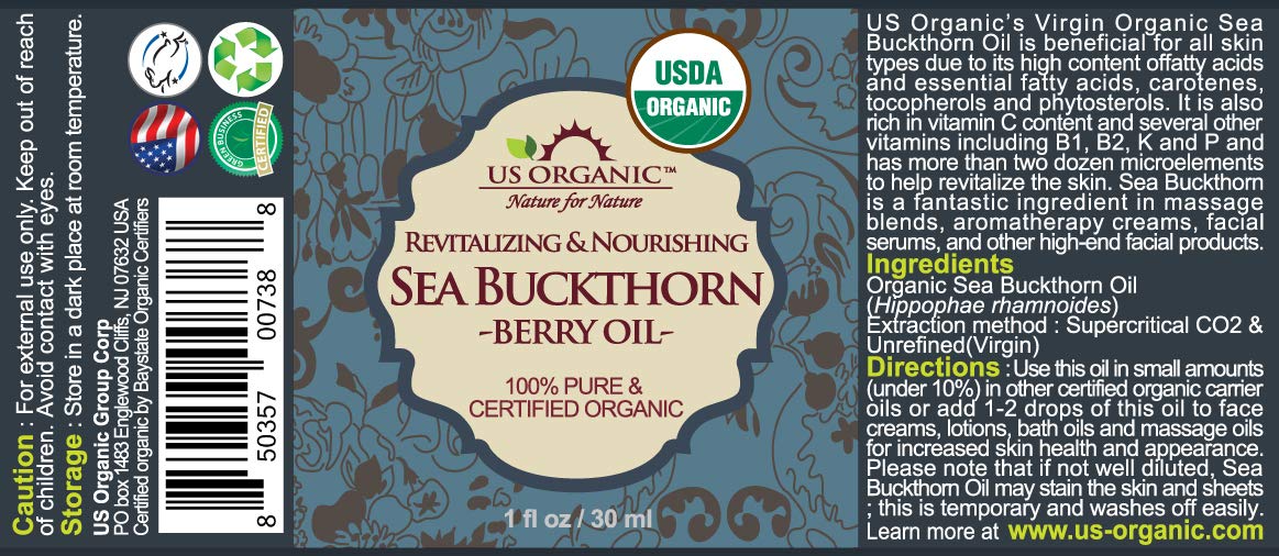 US Organic Sea Buckthorn Berry Oil - 100% Pure Virgin & Unrefined | Supercritical CO2 Extracted, 1 oz (30 ml)