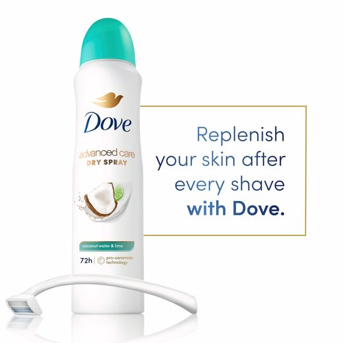 Dove Antiperspirant Deodorant Dry Spray Coconut Water & Lime scent 3ct skin repair after shaving with odor control & sweat protection Pro Ceramide Technology to boost ceramide levels in skin 3.8 oz