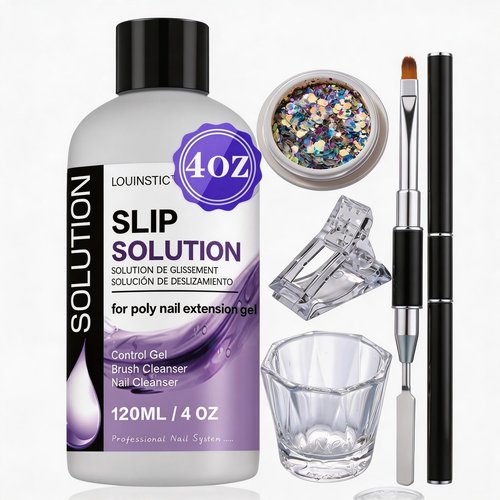 LOUINSTIC PolyGel Slip Solution - 4oz, Nail Extension Anti-Stick Liquid, Art Brush Cleanser, for Poly Extension Gel Kit, with Dual-Ended Nail Brush, for Home DIY Nail Art & Salons