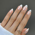 French Tip Press on Nails – French Toast | Medium Almond Shape with Glossy Glazed Finish | Salon Quality Fake Nails, 32 Nails(16 Sizes) Kit with Glue & Adhesive Tabs