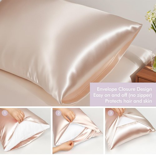 KISMETICS - Vegan Silk Sleep Set, Vegan Silk Pillowcase with Large Scrunchie and Eye Mask for Hair and Skin, Self Care Essential Satin Night Routine Kit (Light Pink Color)