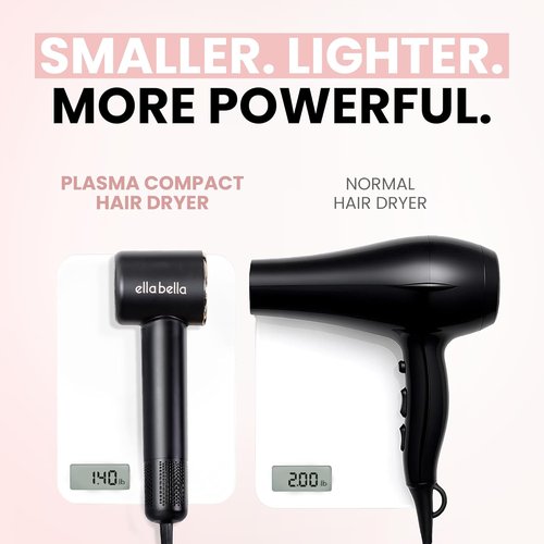 ELLA BELLA® Compact Plasma Hair Dryer - Advanced Technology, Rapid Drying & Low Noise | Includes Diffuser & Travel Bag