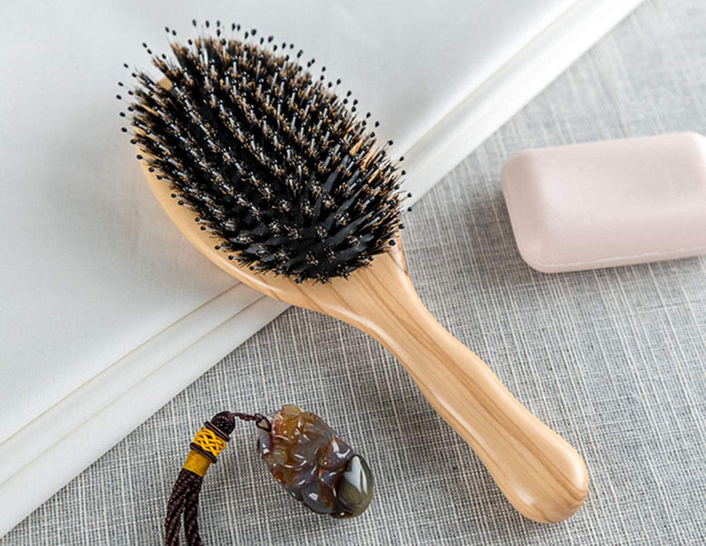 Wild Boar Bristle Hairbrush with Waxed Olive Wood Handle for Styling, Smoothing, Detangling Thick, Thin, Straight, Curly, Wavy, Dry, Damaged Hair to Women, Men, Ladies, Giftbox Included