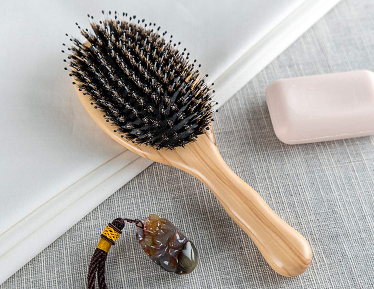 Wild Boar Bristle Hairbrush with Waxed Olive Wood Handle for Styling, Smoothing, Detangling Thick, Thin, Straight, Curly, Wavy, Dry, Damaged Hair to Women, Men, Ladies, Giftbox Included