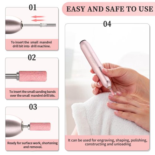 300Pcs Small Sanding Bands for Nail Drill Bits Set, Mini Sanding Bands with 2 Mandrel Bits Coarse Fine Grit #150#180#240 Grits, Professional for Acrylic Nails Manicures and Pedicure-Pink