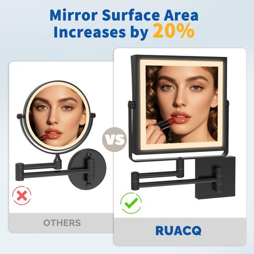 Ruacq Rechargeable Wall Mounted Makeup Mirror with Lights, Double Sided 1X/7X Magnifying Vanity Mirror with 3 Color Lighting, Touch Screen Dimmable, 360° Rotation Extension Foldable Arm(Matte Black)