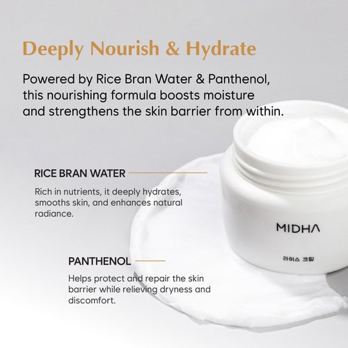 MIDHA Rice Cream 1.69fl.oz/50ml, Deep Hydration, Glow-Enhancing, Skin Barrier Support – Moisturising, Lightweight Daily Cream with Dewy, Radiant Finish, for Rice Face Spots