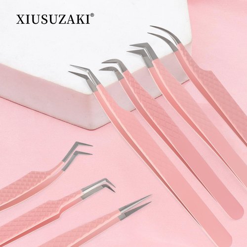 Lash Tweezers For Eyelash Extensions Fiber Tip Lash Tweezers Pink Straight/Curved Tweezer(Pink,X06)