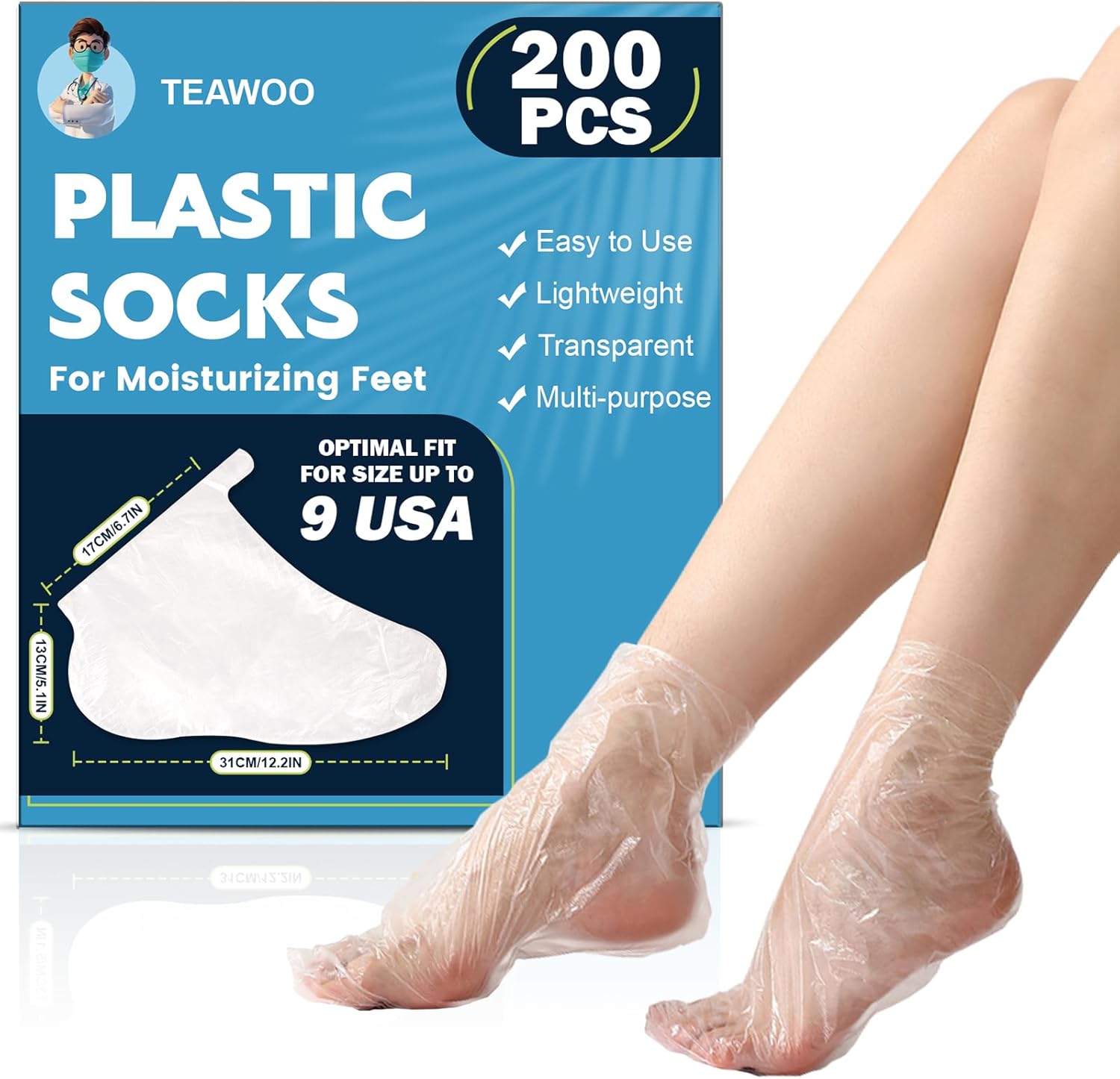 TEAWOO Plastic Foot Covers - Leak-Proof Moisturizing Foot Masks for Pedicure Care | 200PCS with Stickers (Fits Up to USA 9)