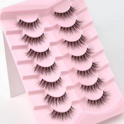 Natural Cat Eye Lashes Wispy Eyelashes 14mm Lightweight False Eyelashes 3D Volume Natural Lashes 0.1mm Thin Cotton Band Lash Strips Pack C Curl Soft Eyelash 7 Pairs Siligli