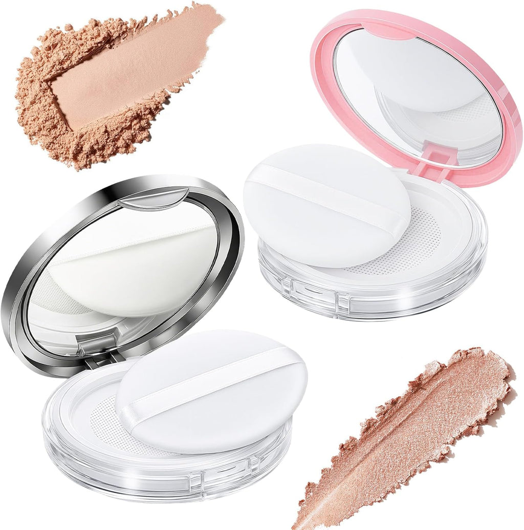 Tokusatsu Refillable Loose Powder Container - 2-Pack Travel Makeup Compact with Puff & Mirror | 0.17 oz (Pink, Silver)