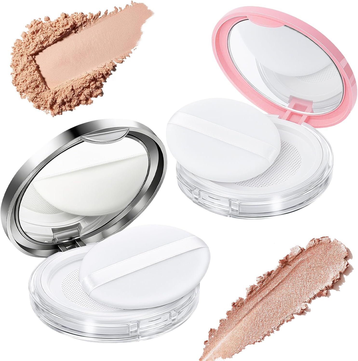 Tokusatsu Refillable Loose Powder Container - 2-Pack Travel Makeup Compact with Puff & Mirror | 0.17 oz (Pink, Silver)