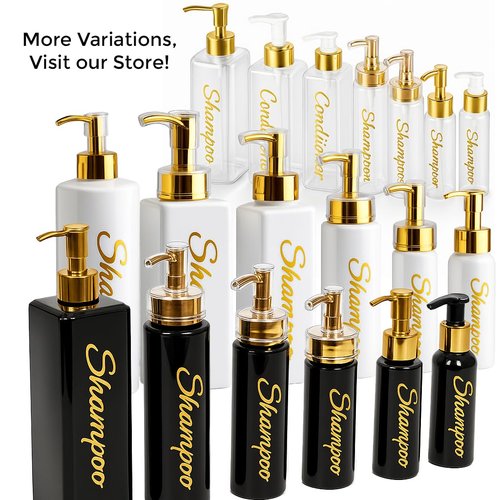 uMadeUs Shampoo and Conditioner Dispenser - Essentials Toiletry Bottles - Shower Refillable Shampoo and Body Wash Soap Pump Bottle – 3X 16oz Family Size Containers - White All Gold 1 Square