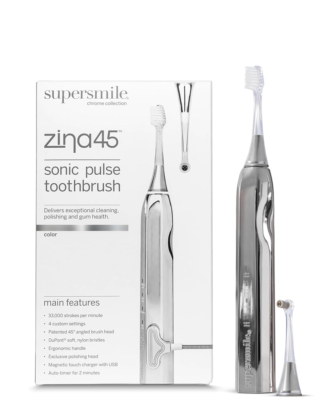 Supersmile Zina45™ Sonic Pulse Toothbrush - Angled Brush with Polishing Head for Whiter Teeth & Healthier Gums