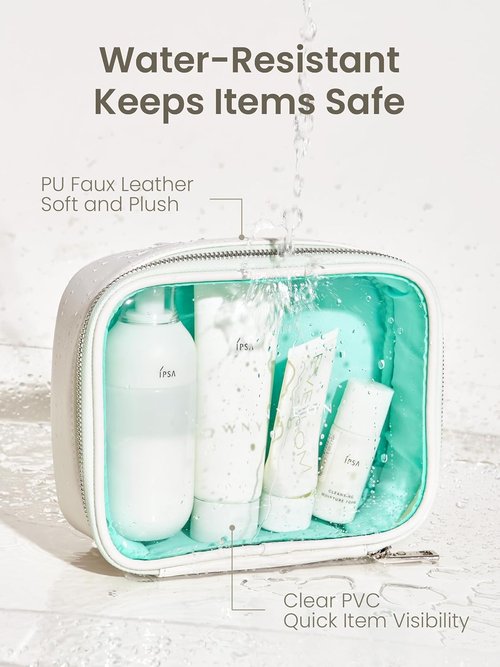 ROWNYEON Clear Makeup Bag - Waterproof Leather Travel Cosmetic Case for Women | Medium White