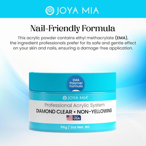 Joya Mia Acrylic Powder - MMA-Free Professional Nail Enhancements for Flawless Finish | Diamond Clear, 2 oz