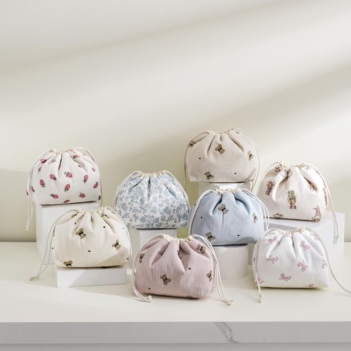 Cute Soft Corduroy Drawstring Makeup Bag with Canvas Lining, Coquette Aesthetic Drawstring Cosmetic with Strawberry Pattern for Women Girls, Kawaii Travel Makeup Organizer Case(06 Strawberry)