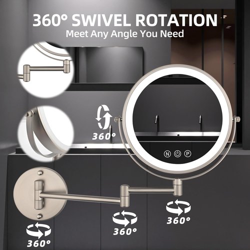 SLIMOON 9" Wall Mounted Lighted Makeup Mirror with Magnification, 1X/10X Magnifying Mirror with Light, 3 Color LED 2000mAh Rechargeable Light Up Magnifying Nickel Extendable