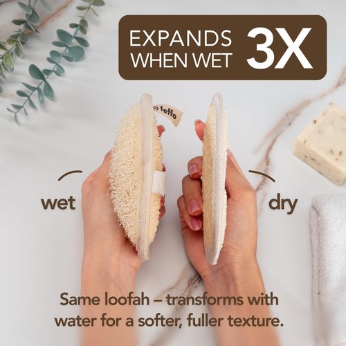 Feffo Natural Loofah Sponge for Body Scrub, Exfoliating Body Scrubber & Loofah with Handle, Exfoliating Pads, Loofah for Women, Men & Kids (2 Count - 1 Pack, Oval)