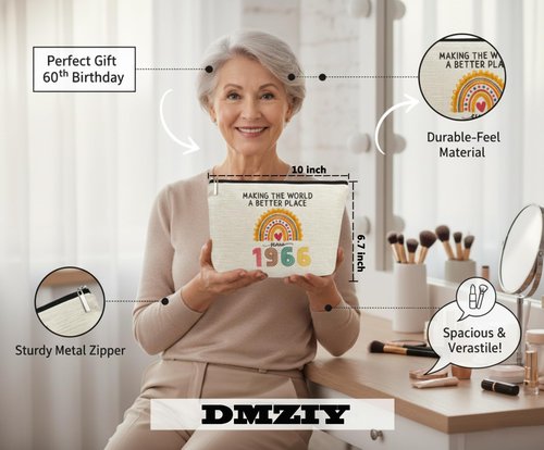 DMZIY 60th Birthday Gifts for Women, Funny 1966 Makeup Bags 60th Birthday Decorations for Her, 60 Year Old Gift Ideas for Mom, Wife, Sister, Grandma, Mothers Day Cosmetic Travel Bag (Rainbow-1966)