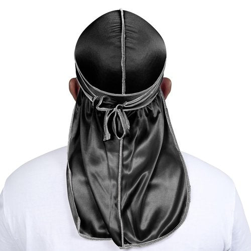 ForceWave Silky Durag for Men Wave Cap Satin Dorag for Men Women 360 Wave (Black with White Seam)