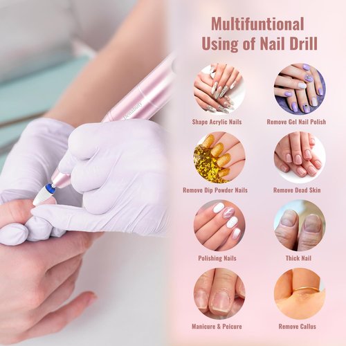 Denabuty Cordless Electric Nail Drill File: 35000RPM Professional Nail Drill Machine with UV LED Nail Lamp Charging Base, Manicure Pedicure Kit E File for Acrylic Gel Dip Powder Polish Pink