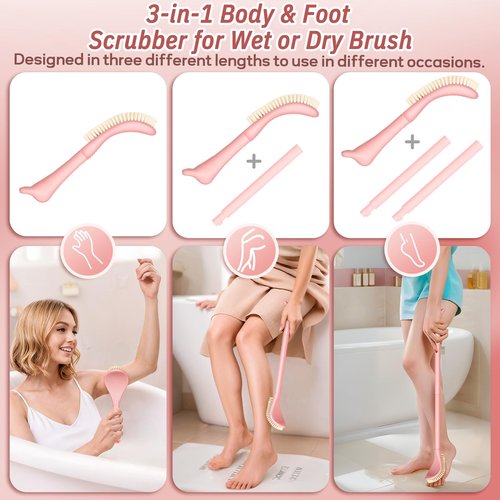 GEENOA New Foot Brush with Extra-Long Handle, 3-in-1 Foot Scrubber for Wet or Dry Brushing, Adjustable 10.2’’- 27.5’’Foot Scrub Brush for Senior, Pregnant, Disabled, or Injured, Gift-Box Packed(Pink)