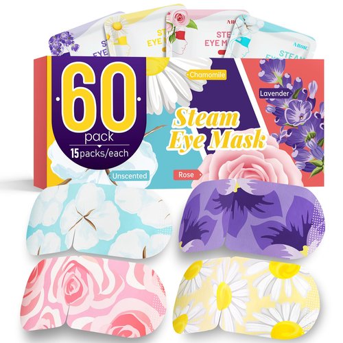 AROIC 60 Pack Steam Eye Masks Disposable for Dry Eyes, Heated Eye Mask Warm Compress for Eyes, Relaxation Valentines Day Gifts, Travel Essentials - Lavender, Unscented, Chamomile, Rose