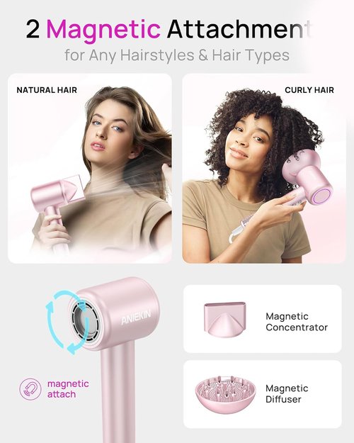 Skiennix High-Speed Ionic Hair Dryer - Low Noise, Compact Design with Magnetic Diffuser for Curly Hair